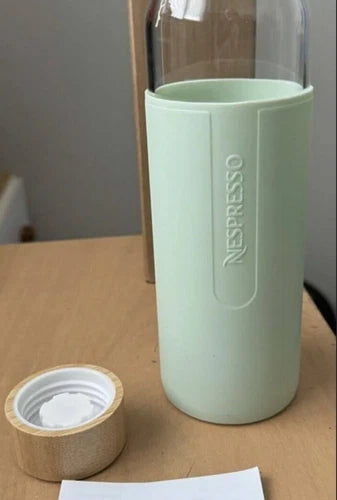 New Nespresso Dining Glass Water Bottle Wooden Top Cap Green Limited Edition